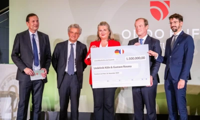 (v.l.) Werner Taiber (Vorstandsvorsitzender der ODDO BHF Stiftung), Philippe Oddo, Perrine de Longevialle (Gustave Roussy), Prof. Dr. Michael Hallek und Dr. Sebastian Michels (beide Uniklinik Köln), Foto: Kurt Sauer